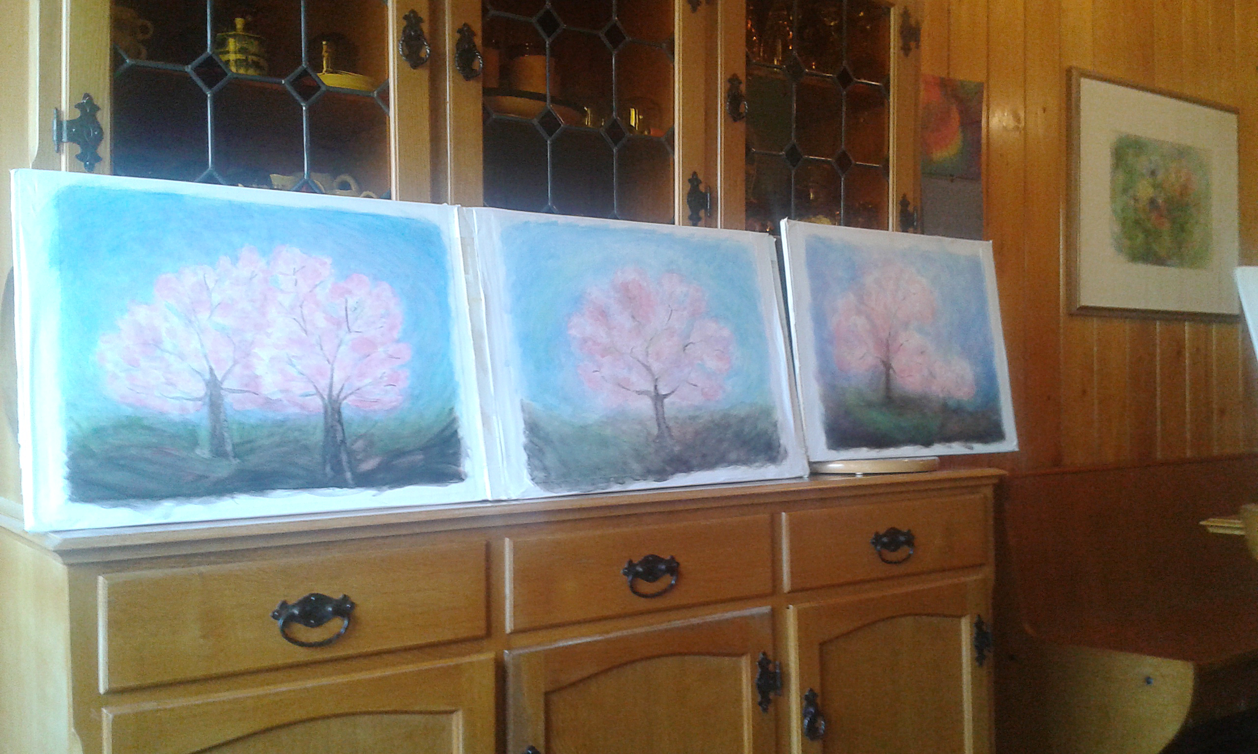 alberi, velature, acquarello, pittura, primavera, fiori rosa