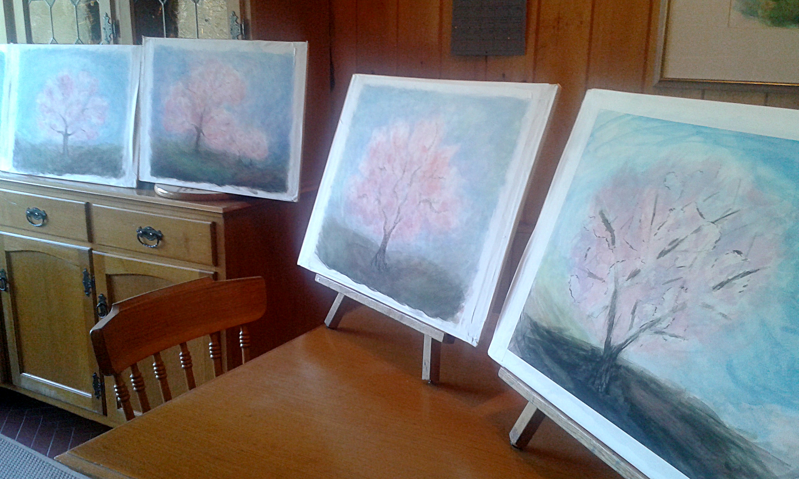 alberi, velature, acquarello, pittura, primavera, fiori rosa